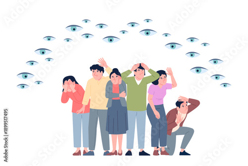 People group panic from invisible eyes. Inner fears, chase or public attitude. Men women feeling looking of eye, big boss watching, recent vector concept