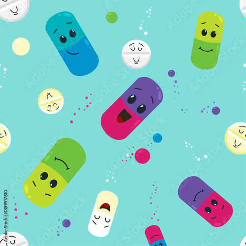 Pills characters seamless pattern. Bright capsules, vitamins or antibiotics, aspirin. Medicines print for fabric, wallpaper, wrapping, classy vector background