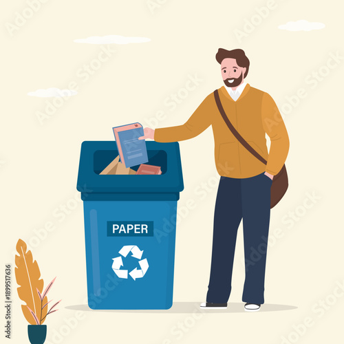 Devaluation of education and training. Paper pollution problem. Recycling and sorting used household paper waste. Male character throw old books in trash can