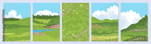A set of five vertical summer landscapes featuring green hills, meadows, flowers, and blue skies. Nature-themed illustrations for spring or summer designs.