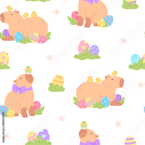 Easter capybara seamless pattern. Cute children capybaras characters, spring animal and decorations. Print for fabric, textile, wrapping, racy vector background