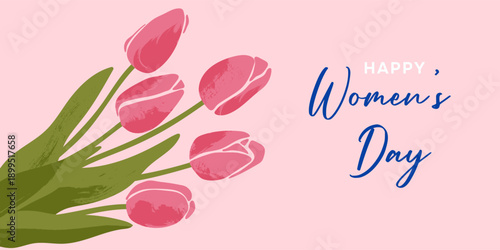 Women's Day greeting card with pink tulips on a pastel background. Festive illustration for the March event, spring design.