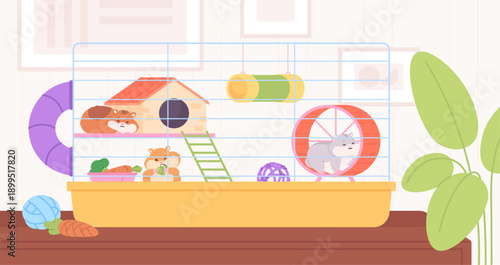 Fluffy hamsters in cage. Hamster home with food, plastic wheel, tube. Cute rodents sitting, sleeping, eating. House accessories for pets, racy vector scene