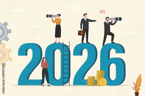 Business people looks through binoculars to year 2026. Boss looking into distance. Overcome obstacles in 2025 and starting successful 2026 year. Reach success,