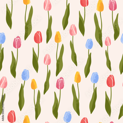 Colorful seamless pattern with tulips. Abstract botanical floral image on a light background. Design for fabric, wallpaper, cards, and textiles.