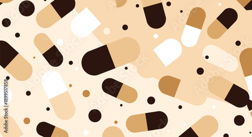 Multicolored capsules and pills scattered on beige background with dots