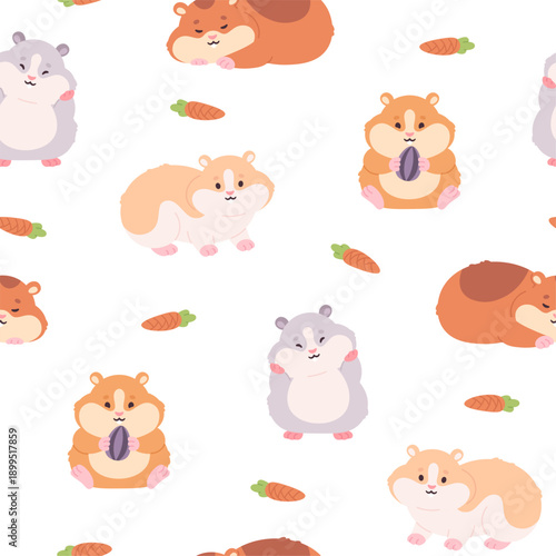 Hamsters seamless pattern. Funny fluffy hamster, seed and carrot. Decorative print with rodents for fabric, textile, wallpaper. Cartoon racy vector background