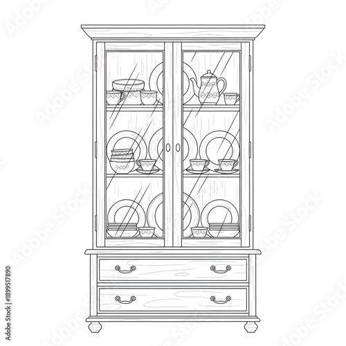 Elegant China Cabinet Illustration | Glass Display Storage Furniture Vector