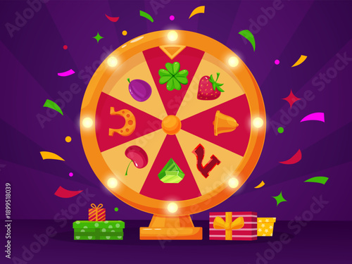 Cartoon fortune wheel concept. Spin to win something in casino or store. Prize boxes, special lottery ecommerce, advertising winning, nowaday vector banner