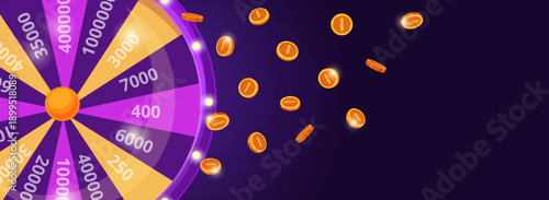 Fortune wheel background. Lucky roulette and flying golden coins. Online casino, lottery spin banner. Gambling app element, winner concept nowaday vector scene