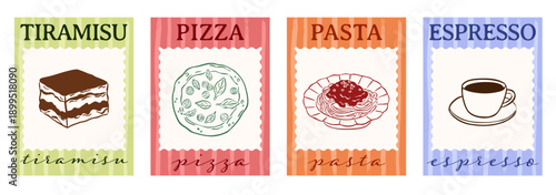 Food meal restaurant poster menu illustration collectrion set - pizza, pasta, dessert, coffee
