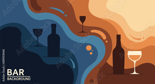 Vibrant bar background with wine bottles and glasses in abstract design