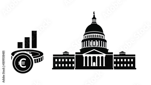 euro symbol and graph alongside a building silhouette