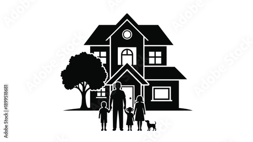 black and white silhouette of a house with a family and their dog