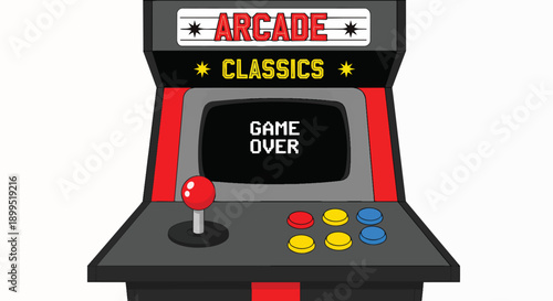 Classic retro arcade game machine showing game over screen Vintage Gaming Nostalgia Pixel Art Isolated