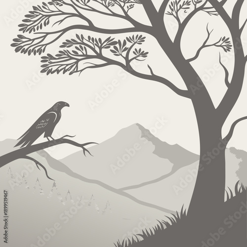 Serene monochrome bird perched on a tree branch overlooking a misty mountain landscape