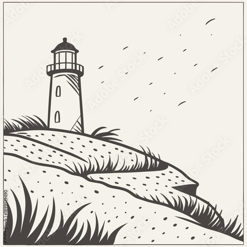 Lone lighthouse standing vigilant atop a rugged, rocky coastal cliff under a misty sky