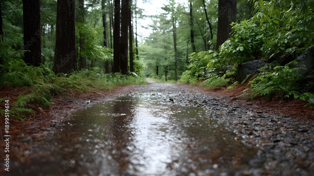 Obraz premium A wet forest path with a reflective puddle showing trees and sky after rain