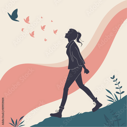 Woman walking along a scenic path with birds flying freely in a dreamy landscape