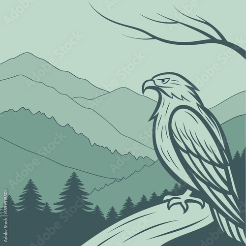 Elegant bird perched atop rocky cliff overlooking serene mountainous landscape