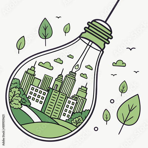 Sustainable city thriving within a glowing green energy bulb