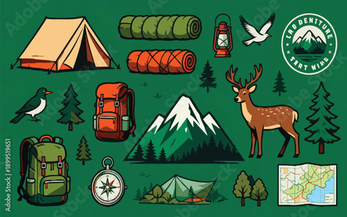 Outdoor Adventure Camping Set: Gear, Mountains, Wildlife