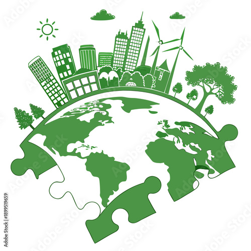 Global sustainability and interconnected cities on a green planet illustration