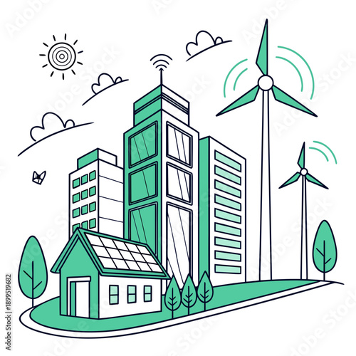 Sustainable cityscape featuring renewable energy and green technology integration