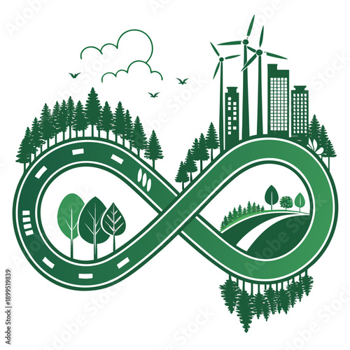 Harmony between urban development and nature depicted through a city and forest loop