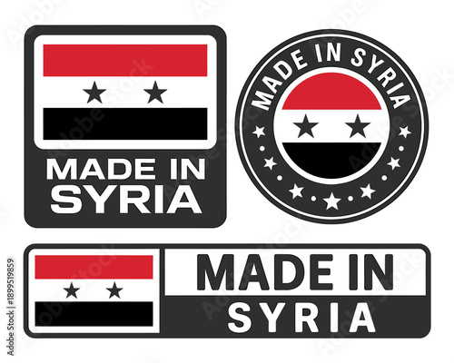 Made in Syria labels with flag designs and text  country of origin indicators