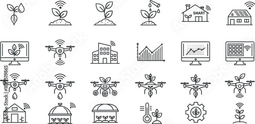 Smart agriculture icons, iot farming, drone irrigation, plant monitoring, greenhouse technology, digital agriculture, sustainable smart farm systems, vector set, collection