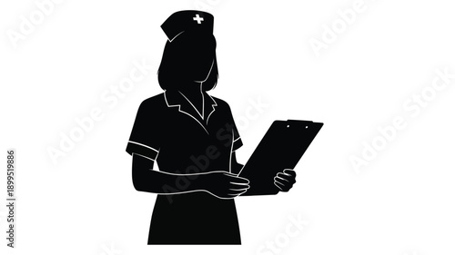 a black and white silhouette of a nurse holding a clipboard