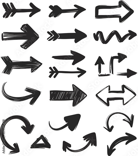 Hand drawn arrows in various styles and directions for design  many black arrowheads