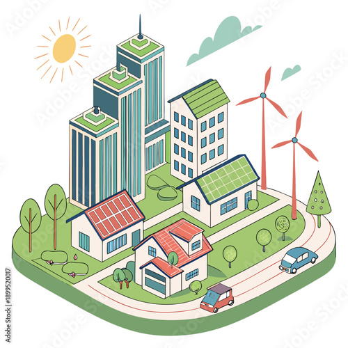 Modern urban neighborhood with sustainable energy sources and eco-friendly buildings