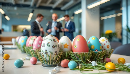 A decorated Easter egg display on a table in a modern office with coworkers in the background