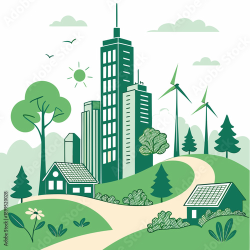 Sustainable cityscape blending urban development with renewable energy and nature