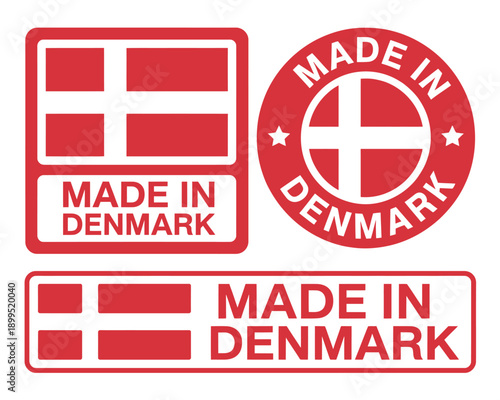 Red Made in Denmark labels with Danish flag on white background