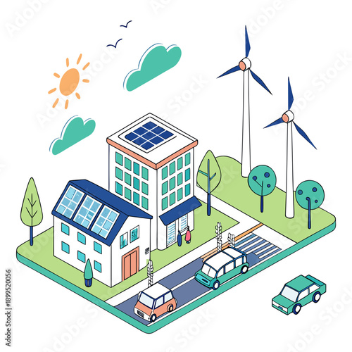 Modern sustainable neighborhood powered by renewable energy sources