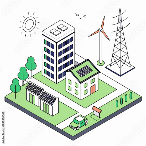 Modern city integrating sustainable energy and agriculture with urban infrastructure