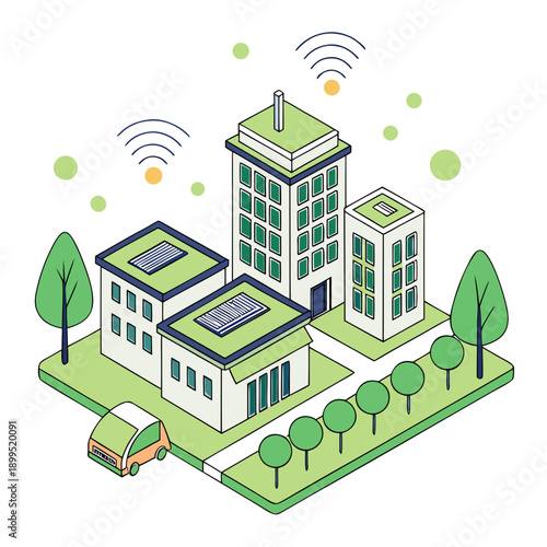 Modern smart city buildings connected with advanced technology infrastructure.