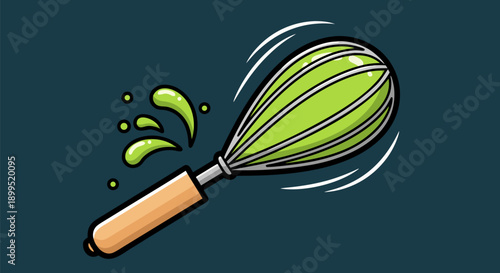 A vibrantly colored green whisk with a wooden handle, captured in a dynamic motion illustration, ready for your kitchen and cooking projects