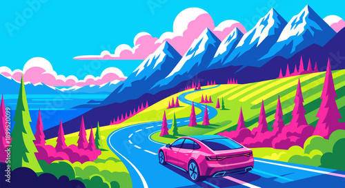 Vibrant vector illustration of a futuristic electric car driving on a scenic winding road through mountains and colorful landscape