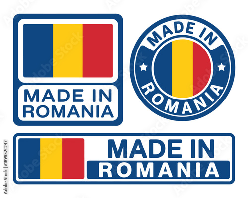Made in Romania flag stickers and labels for products  various shapes and designs