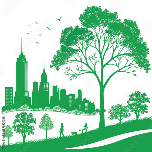 Urban park scene with a cityscape view and green trees in the foreground.