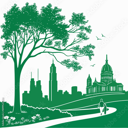 Serene riverside landscape with a majestic tree and distant cityscape
