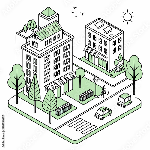 Urban neighborhood with mid-rise buildings and green spaces