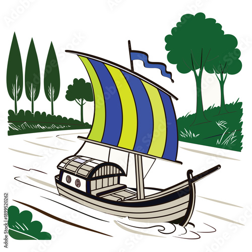 A sailing ship moving smoothly across the sea and along a river on a bright summer day