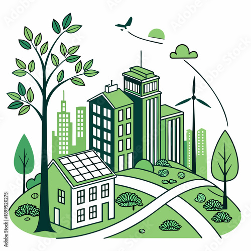 Sustainable cityscape featuring renewable energy and green infrastructure
