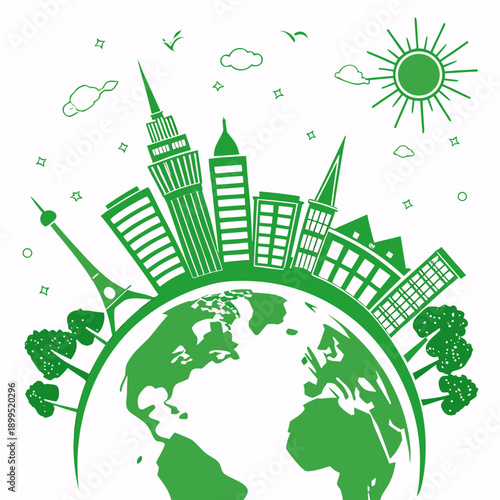 Global cityscape merging with nature and technology for a sustainable future