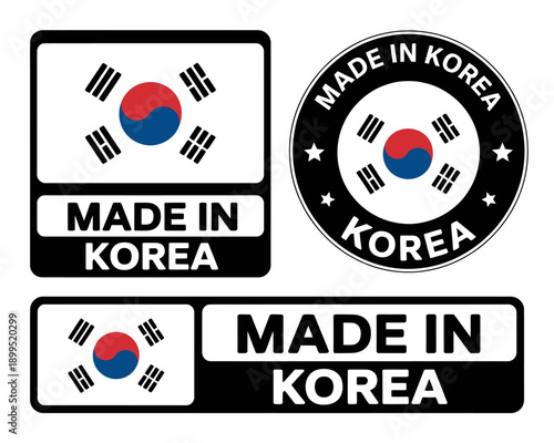Made in Korea stamps and labels with South Korean flag  various shapes and designs